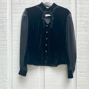 Black VELVET Blouse, Vintage, Sheer Statement Sleeves 90s Goth Prairie Medium